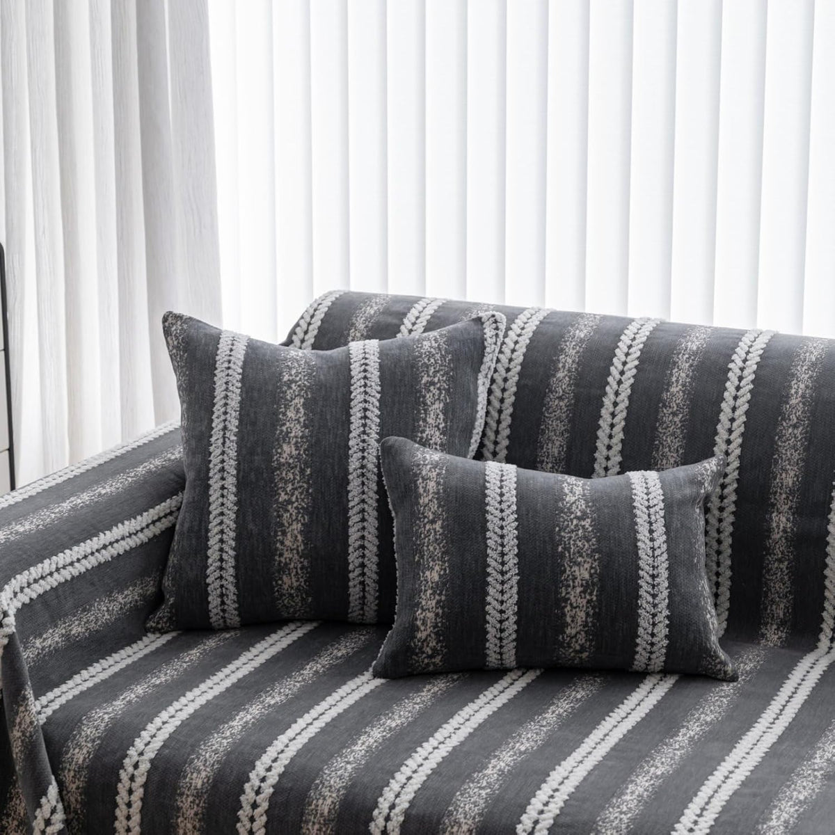 Pack of 1 Decorative Throw Pillow Covers 12x20 Inch, Pillow Cases for Living Room Couch Bedroom Farmhouse Home Decor, Soft Stripe Chenille Cushion Covers for Sofa Grey,12''x20''