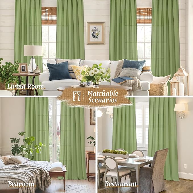 LAMIT Green Linen Curtains for Bedroom, Faux Linen Textured Light Filtering