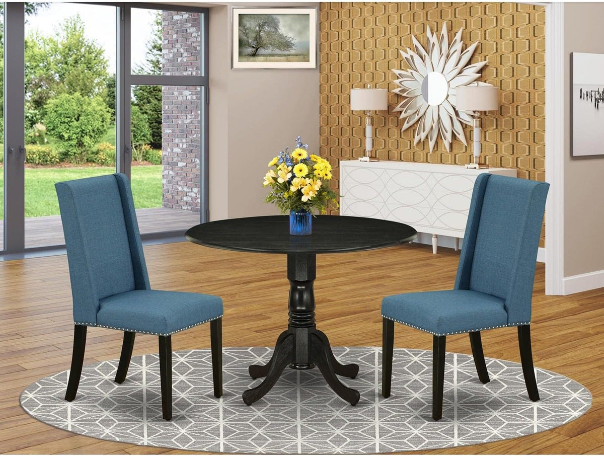 East West Furniture DLFL3-ABK-21 3 Piece Dining Room Table Set Contains a Round Kitchen Table with Dropleaf and 2 Blue Linen Fabric Parsons Dining Chairs, 42x42 Inch, Wirebrushed Black