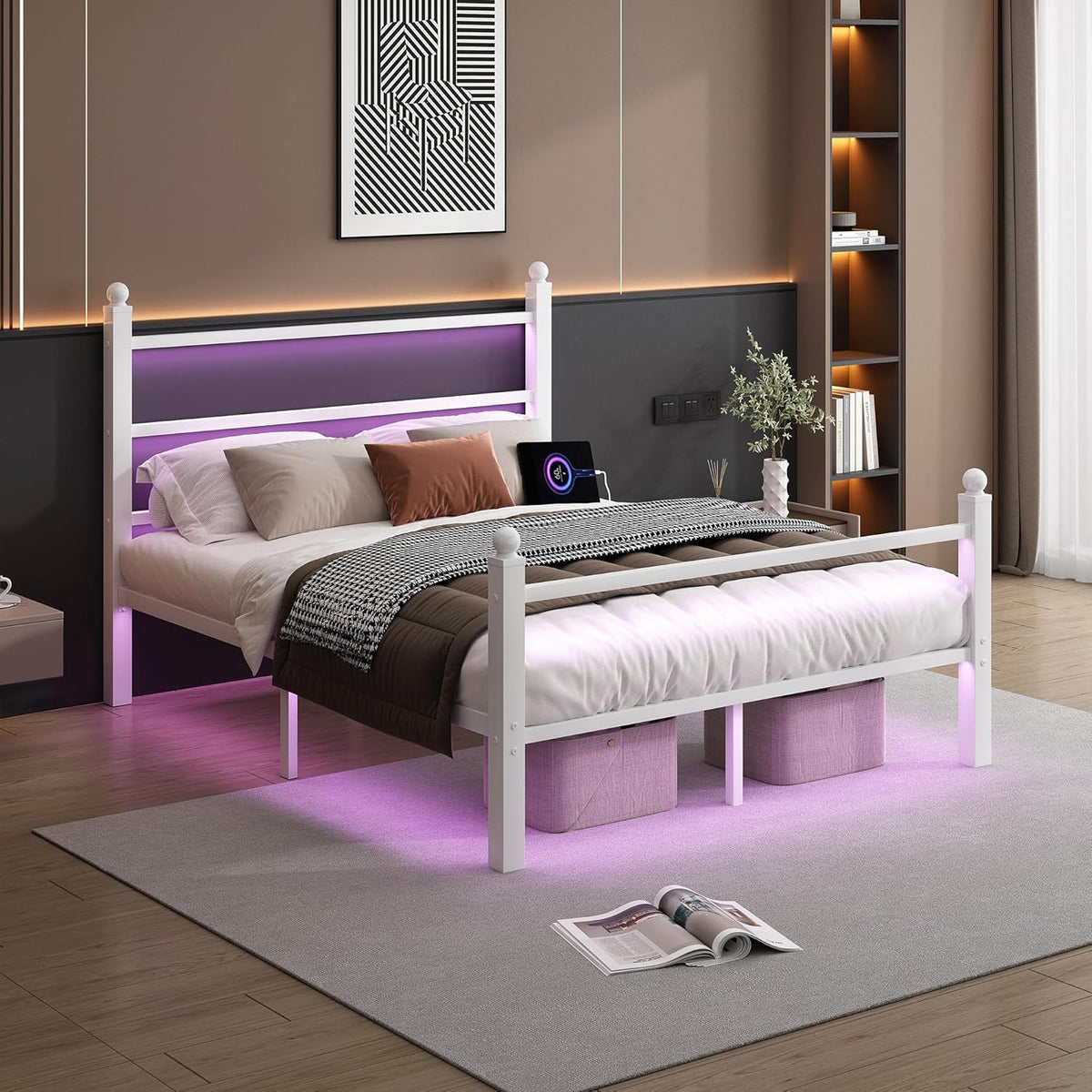 Full Size Bed Frame with Headboard and Footboard,Steel Slats Support-LED Bed Frame with USB Charging Station,Mattress Foundation-Under Bed Storage,No Box Spring Needed,Noise Free,White