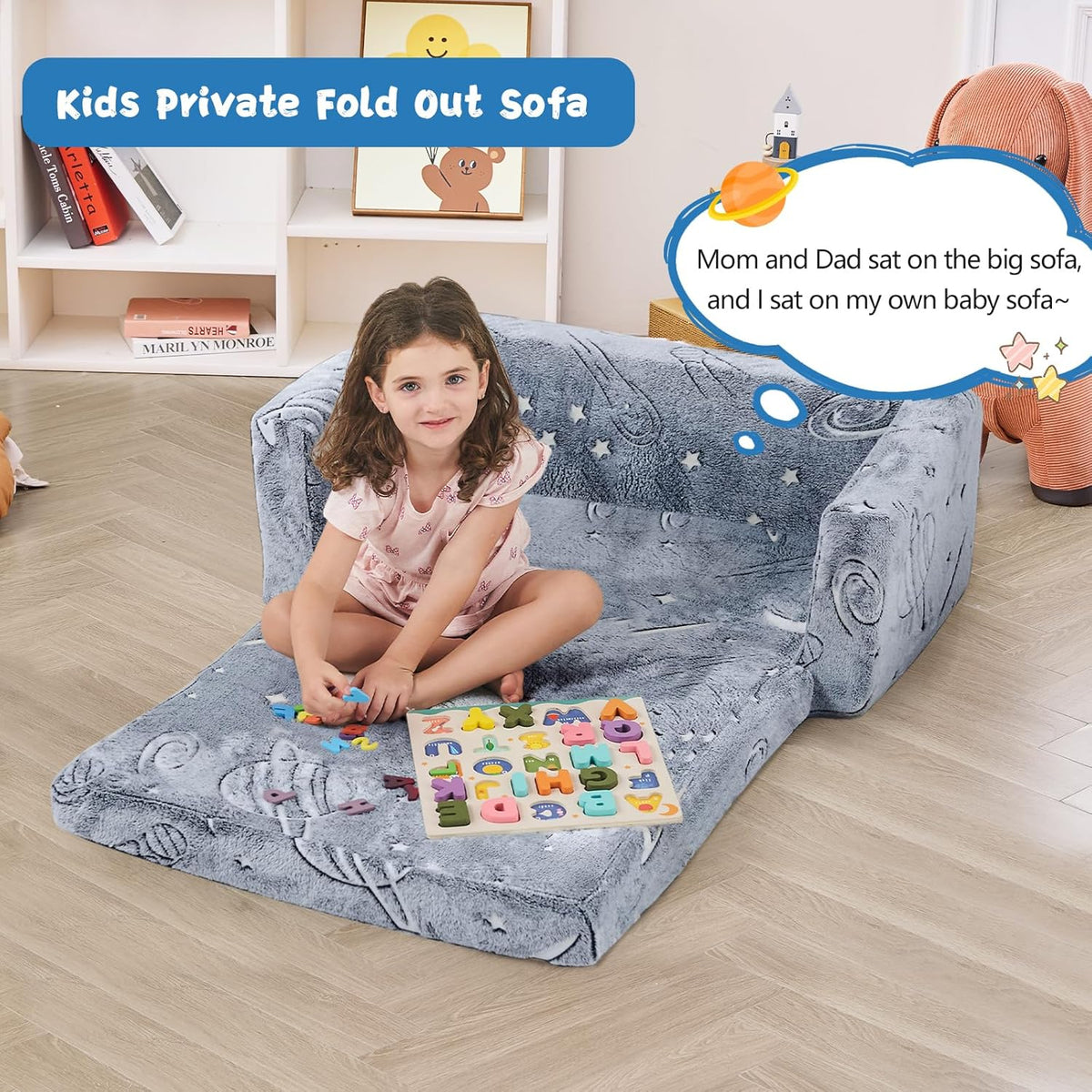 Toddler Couch,Toddler Chair, 2-in-1 Baby Seat Furniture Fold Out, Convertible Sofa to Lounger Soft Comfy Glow in The Dark Kids Sofa Bed Gifts for Kids Girl Boys,Star,Large