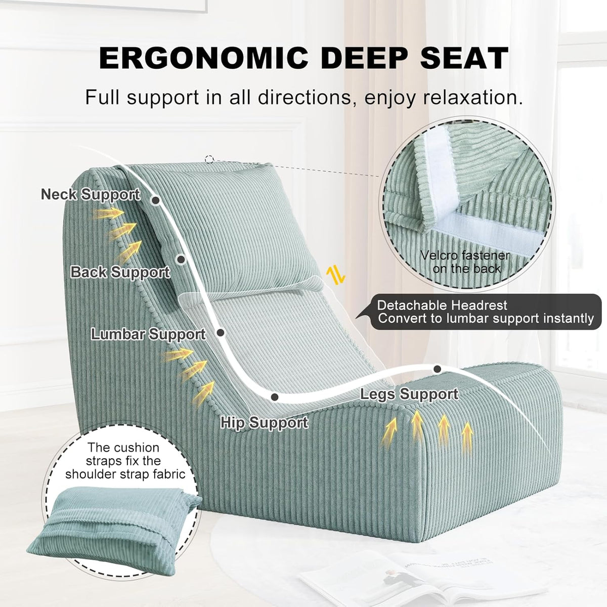 Giant Bean Bag Chair for Adults,Corduroy Chaise Lounge with Unrivaled Back Support, Detachable Neck Pillow, Comfortable Ottoman & Washable Cover for Living Room, Bedroom, Garden(Mint Green)