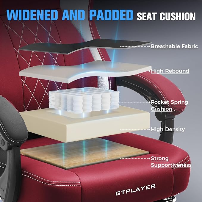 GTPLAYER Big and Tall Gaming Chair Breathable Fabric Computer Chair with Strong Lumbar Support, Comfortable Office Chairs with Pocket Spring Cushion, High Back Ergonomic Desk Chairs with Footrest