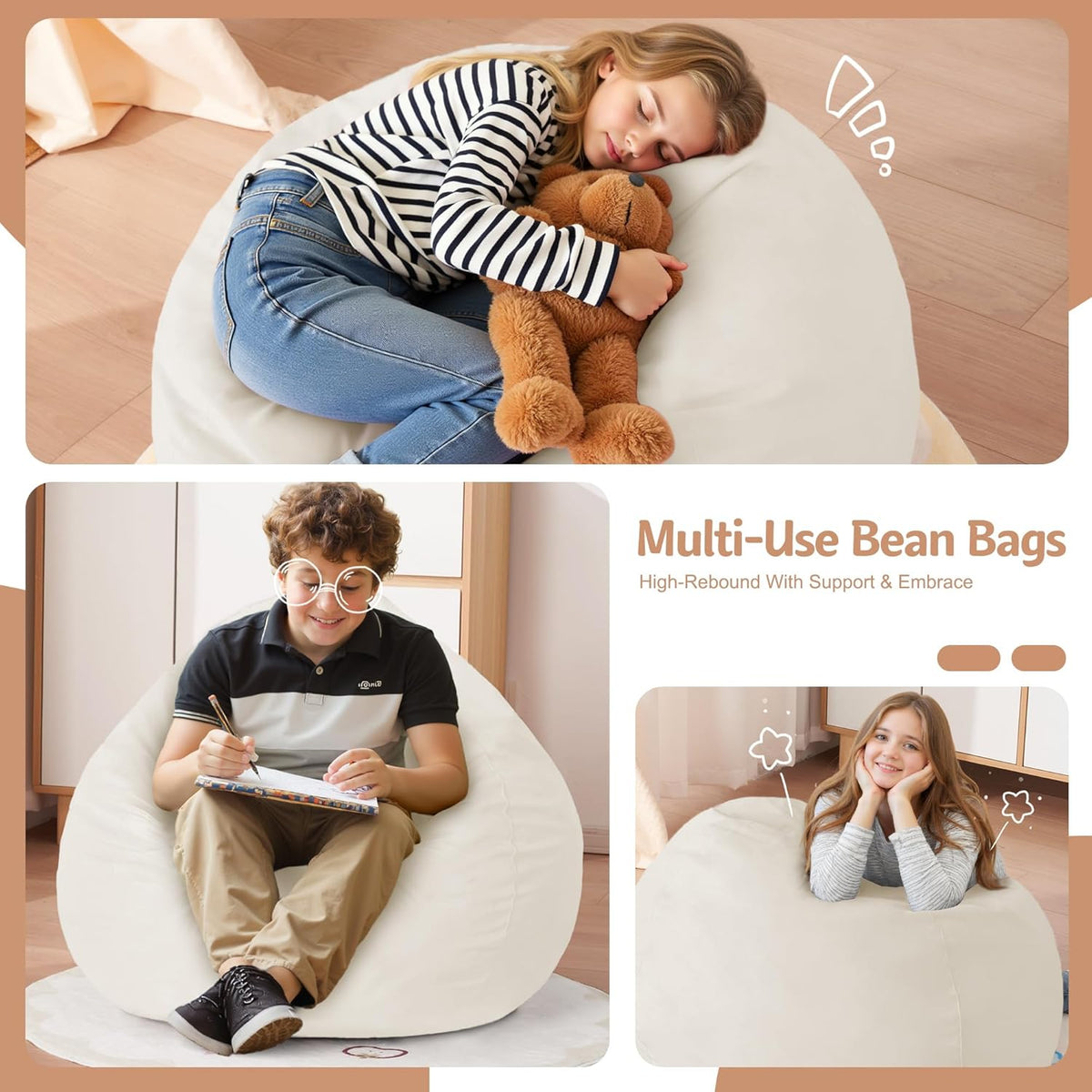 Homguava 2FT Bean Bag Chair: 2' Bean Bags with Memory Foam Filled,Comfy Beanbag Chairs Round Bean Bag Sofa with Dutch Velvet Cover-Beige