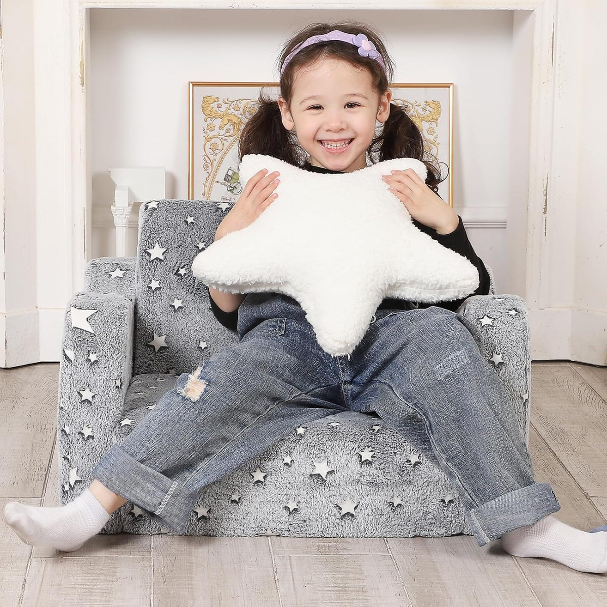 Star Glow in The Dark Toddler Couch, 2-in-1 Toddler Soft Couch Fold Out with Star Pillow, Convertible Sofa to Lounger for Girls and Boys, 1-Seat