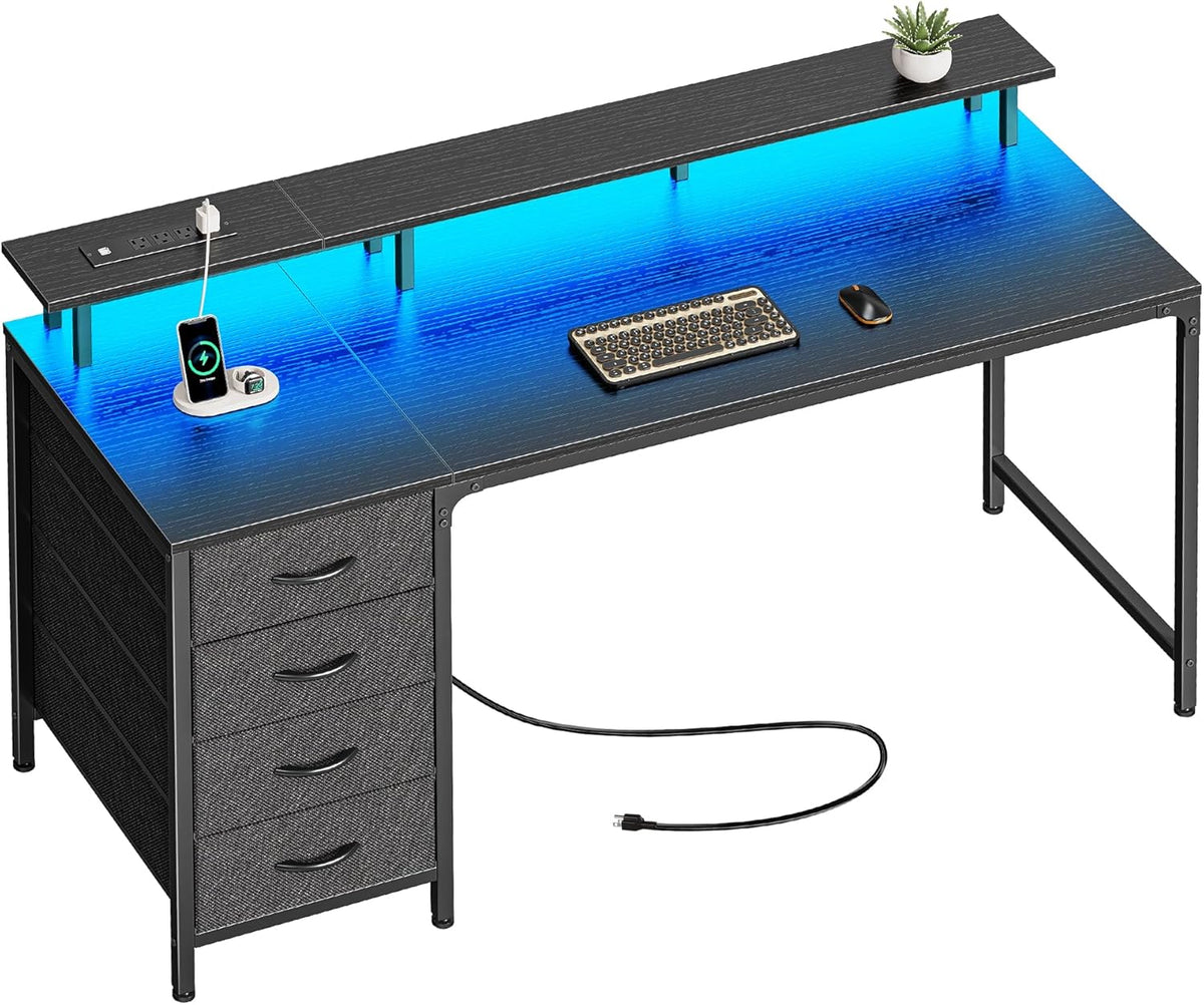 Huuger 55 Inch Computer Desk with Power Outlets and LED Lights, Gaming Desk with 4 Drawers, Office Desk with Monitor Stand, Study Work Home Office, Black