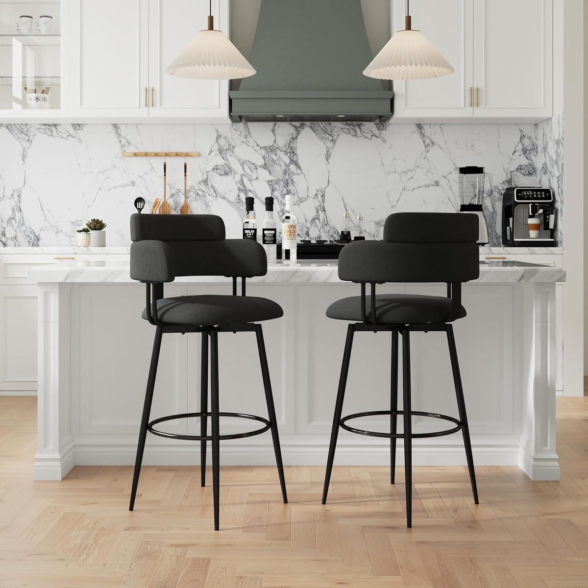 Swivel Bar Stools Set of 2, Counter Height Bar Stools with Ergonomic Full Back, Upholstered Linen Fabric Barstools with Chrome Metal Footrest for Kitchen Island, Dining Room