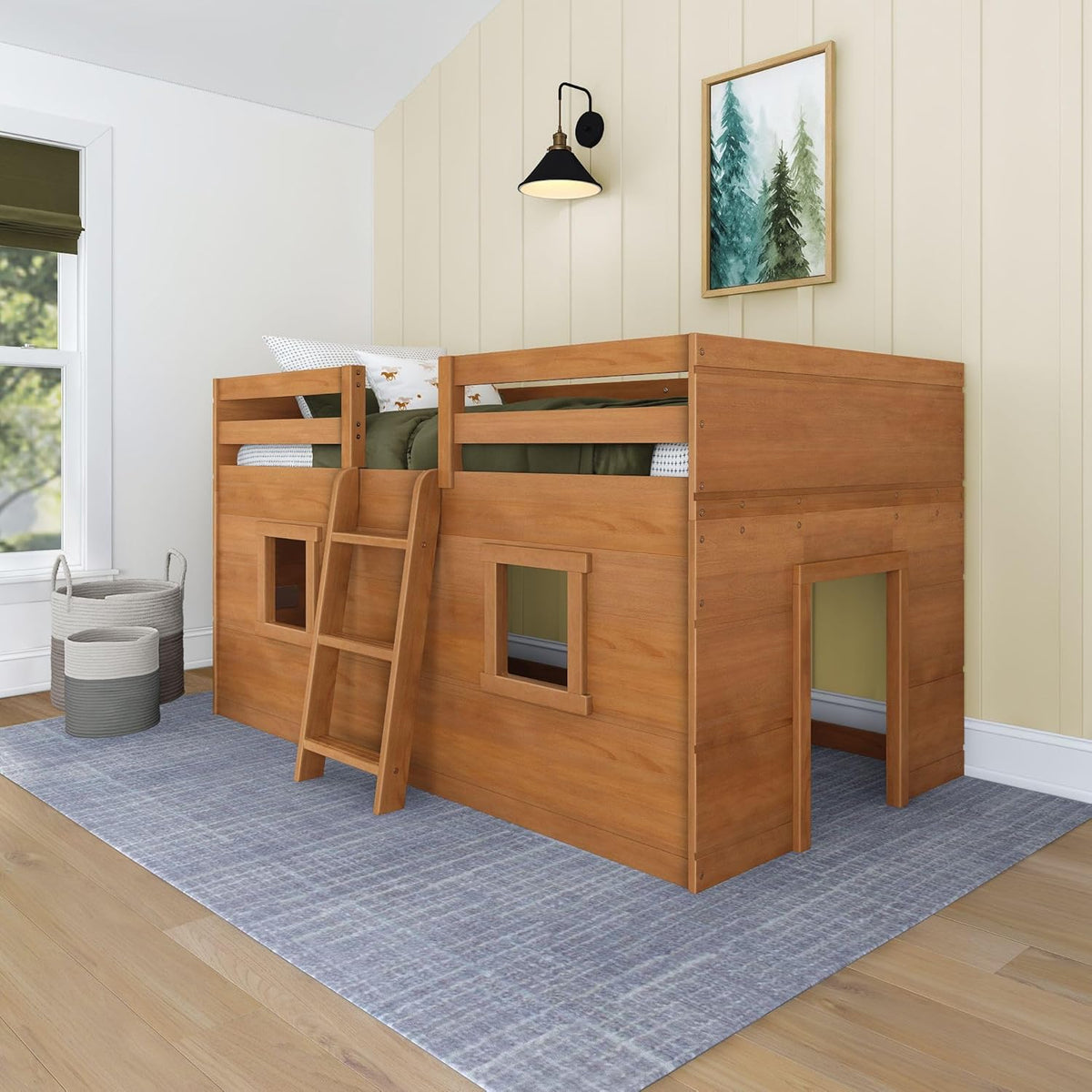 Max & Lily Modern Farmhouse Twin Low Loft Bed with Two Windows - Solid Wood, 15” Guardrails, 400-lb Capacity, Low-VOC Finish, Farmhouse Pecan