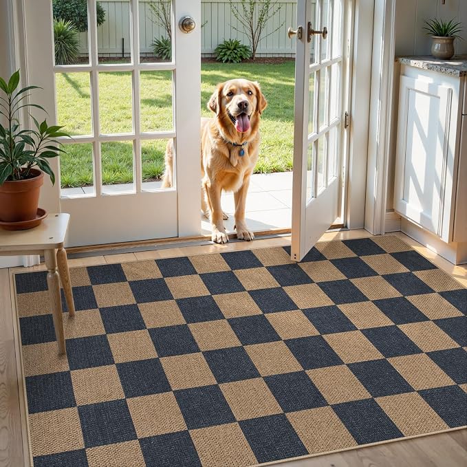 Lahome Colette Checkered Easy Jute Indoor Outdoor Carpet, 3x5 Washable Rugs