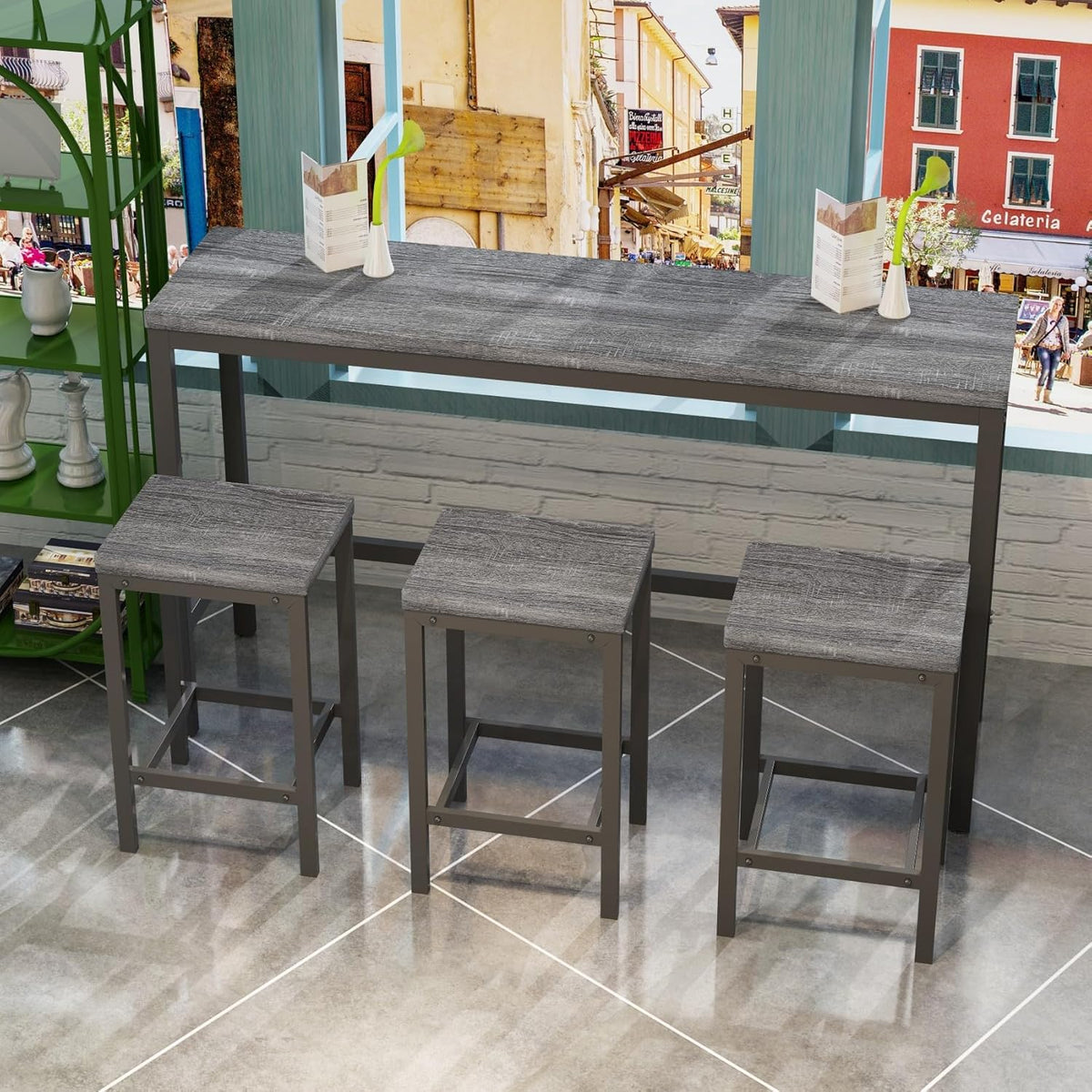 KEIKI 60.24” Long Bar High Top Dining Table and 3 Stools Chairs Set, Wood Behind Couch Sofa Counter Height Pub Furniture for Breakfast, Kitchen Living Party Room, Grey