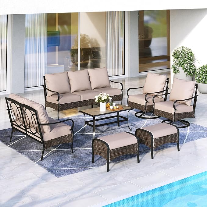 MFSTUDIO Outdoor Patio Furniture Set, 7 PCS Metal Patio Conversation Sets for 9, Modern Patio Sectional Set with 3-Seat Sofa, Loveseat, 2 Swivel Sofa Chairs, 2 Ottoman, 1 Coffee Table