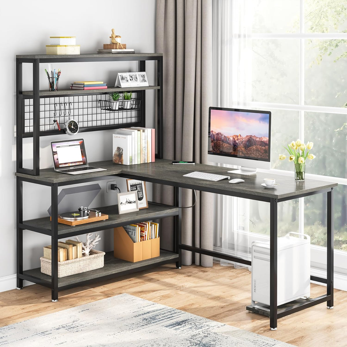 Tribesigns 55" Large Computer Desk with Wireless Charging 5 Storage Shelves, Office Desk Study Table Writing Desk Workstation with Hutch Bookshelf for Home Office(Gray)