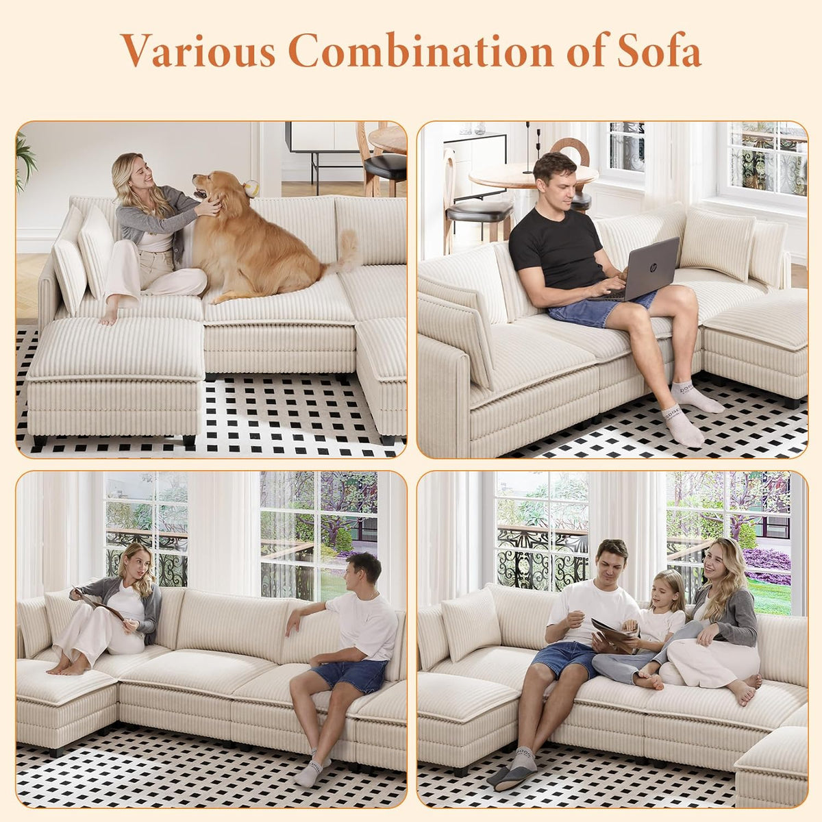 Vesgantti 143" L Shaped Modular Sectional Sofa, Comfy Corduroy Upholstered Modular Sectional Couches for Living Room, Modern Cloud Couch with Ottoman Deep Seat, Beige