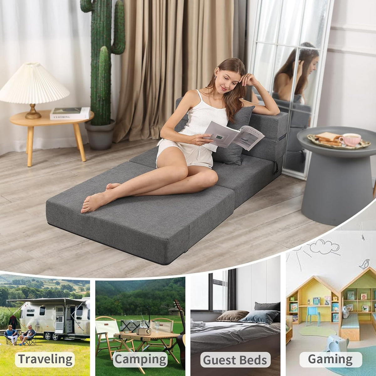 Folding Sofa Bed, High-Density Memory Foam Sofa Bed with a Fluffy Pillow, Floor Couch Guest Bed, Single Size, Dark Grey