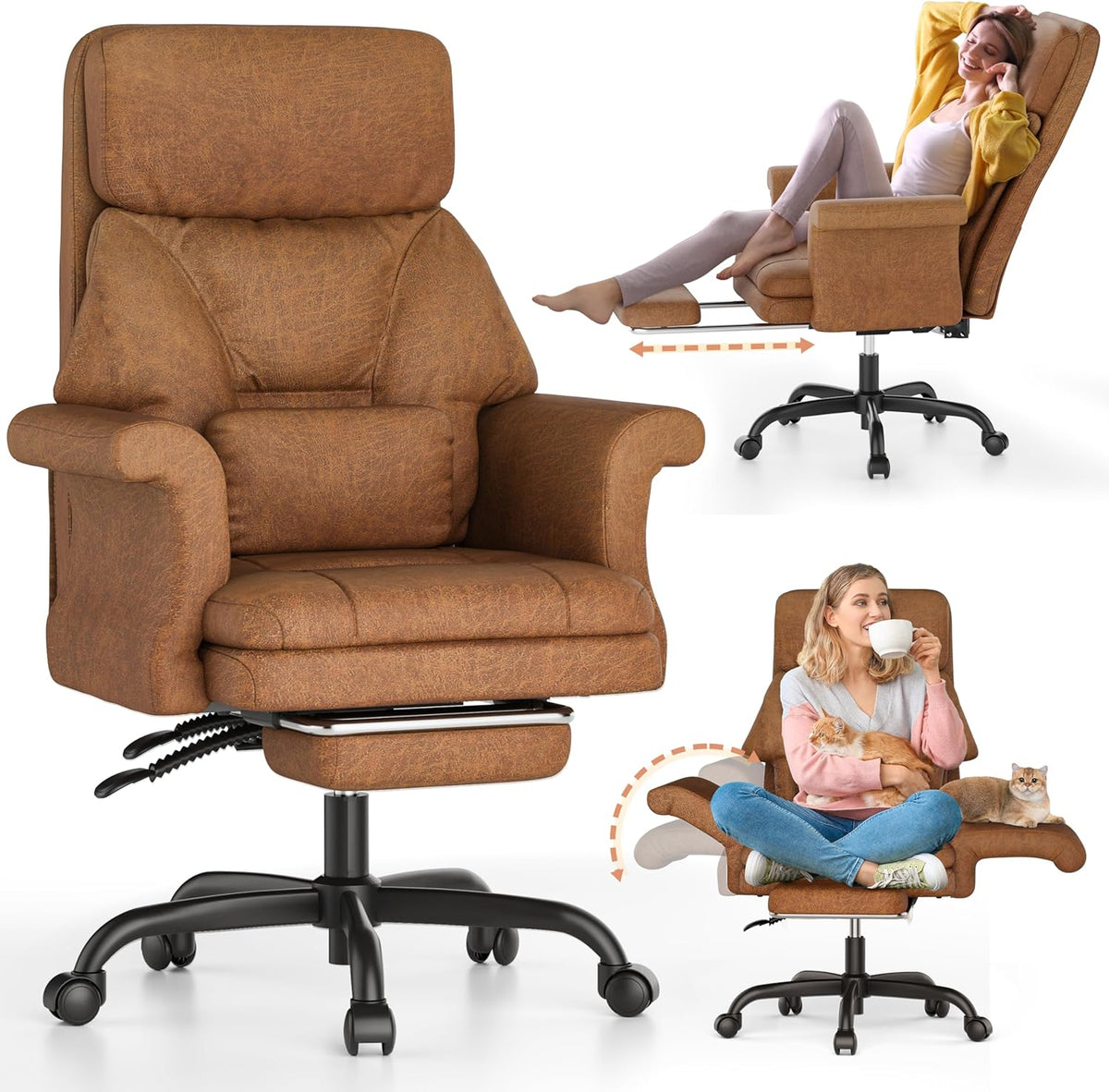 ELABEST C39 Cross Legged Office Chair with Footrest & Convertible Armrests - Pet-Friendly XL Home Desk Chair, Ergonomic Recliner with Lumbar Pillow, Criss Cross Design, Big and Tall Executive Chair
