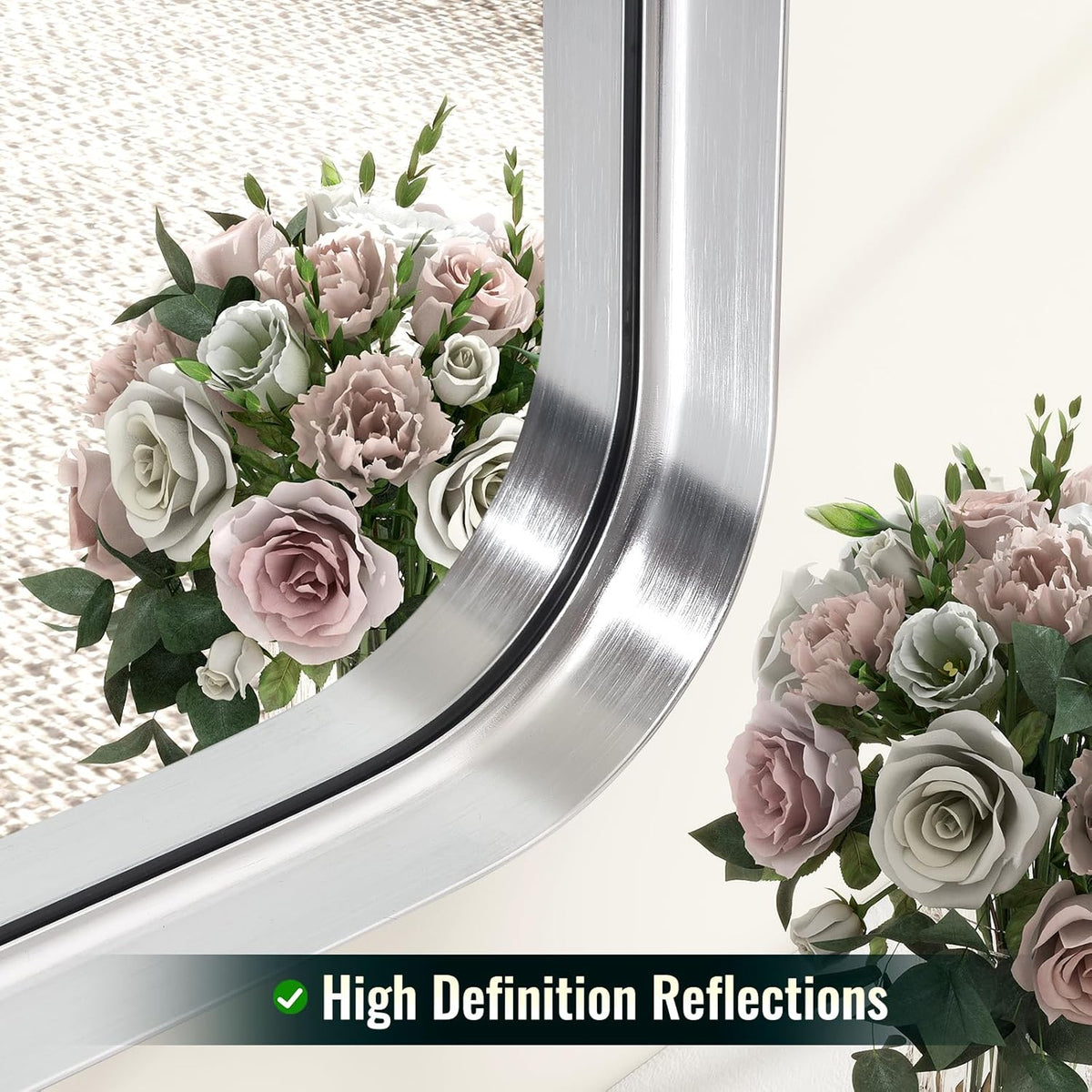48 x 30 Inch Silver Bathroom Mirror, Rectangular Wall Mounted Shatterproof Mirror, Aluminum Alloy Frame with Rounded Corners, Horizontal or Vertical for Farmhouse Decor
