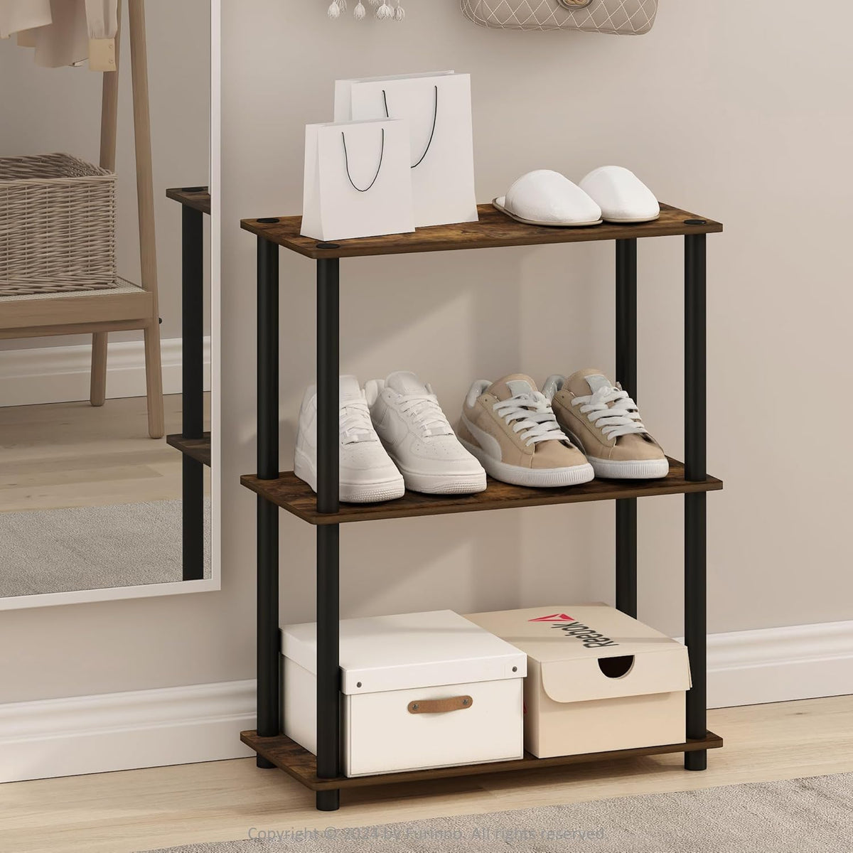 Furinno Turn-N-Tube 3-Tier Compact Multipurpose Shelf Display Rack, Amber Pine/Black