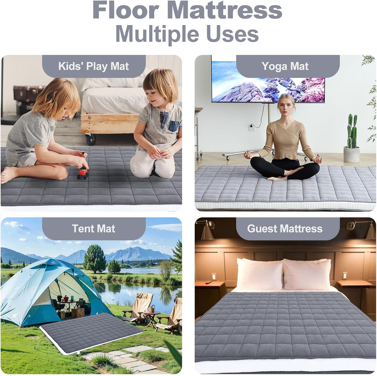 Tiita Futon Mattress 4” Thick Folding Roll Up Sleeping Pad with Bag & Strap, Bed Topper Mat for Guest, Lounger and Tavel, Gray,Queen Size