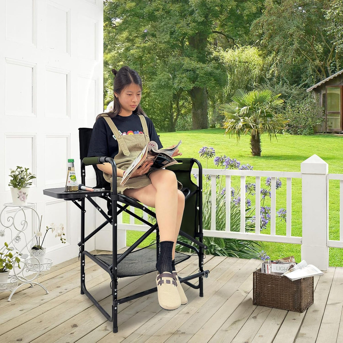Tall Folding Directors Chair with Side Table 30.71" Seat Height Foldable Camping Chair Bar Stool for Makeup Artist Face Painting with Footrest and Storage Pocket Supports 350LBS