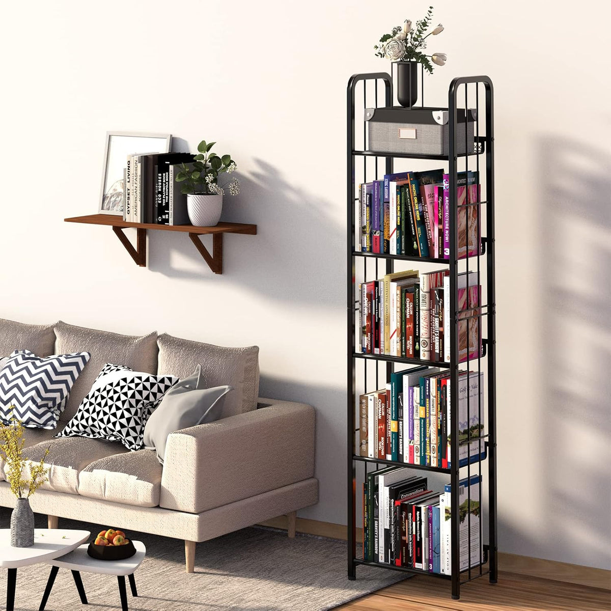 Bookshelf Storage Shelf Bookcase Freestanding Storage Stand for Living Room, Bedroom, Kitchen Rust Resistance Easy Assembly Free Combination Multi-Functional Organizer (5 Tiers, Black)