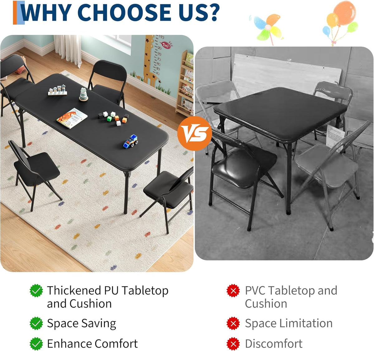 IDEALHOUSE 5 Piece Boys Girls Folding Table and Chairs Set, Activity Table and Chairs Set for Dining Room,Daycare,Classrooms