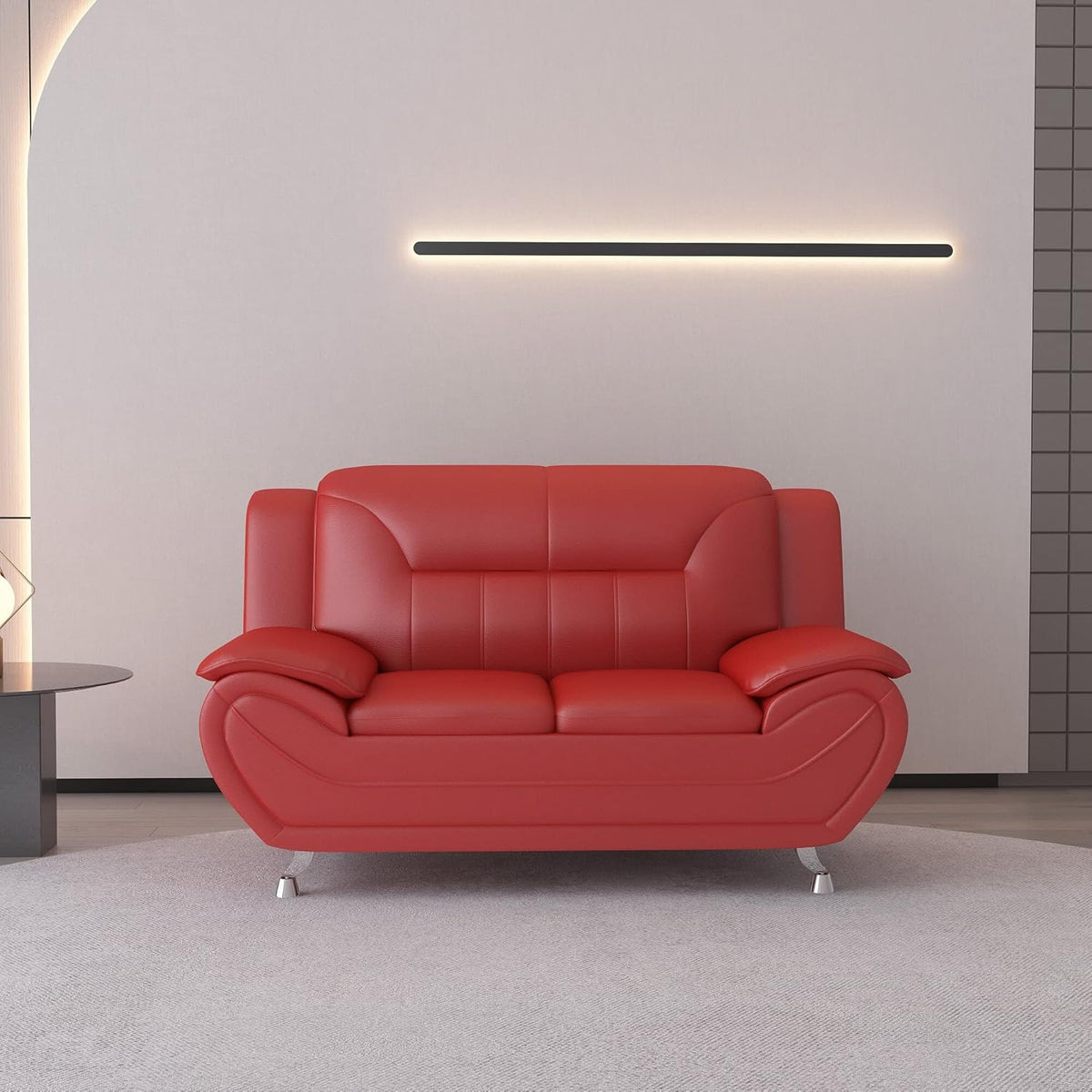 Container Furniture Direct Michael Modern Faux Leather Upholstered Stainless Steel Legs Living Room Sofa, Loveseat, Persian Red