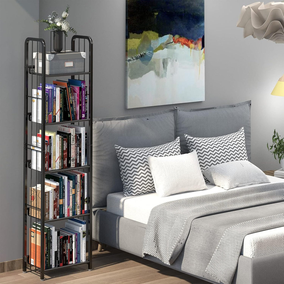 Bookshelf Storage Shelf Bookcase Freestanding Storage Stand for Living Room, Bedroom, Kitchen Rust Resistance Easy Assembly Free Combination Multi-Functional Organizer (5 Tiers, Black)