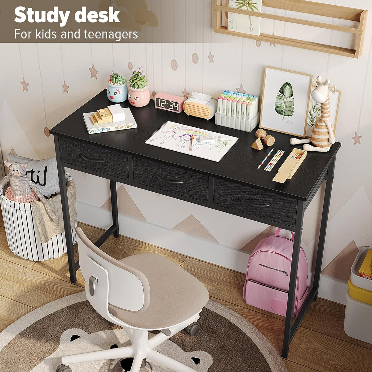WOHOMO Computer Desk with Drawers, 39.3 Inch Bedroom Desk with Storage, Home Office Desk for Room Spaces, Modern Work Writing Study Tables, Black