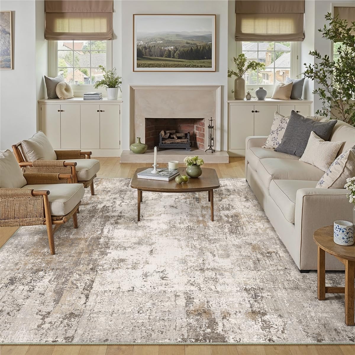 12x15 Washable Area Rug Brown Grey Abstract Neutral Living Room Bedroom Large Throw Rug Non Slip Soft Distressed Low Pile Indoor Floor Carpet for Kitchen Office Entryway