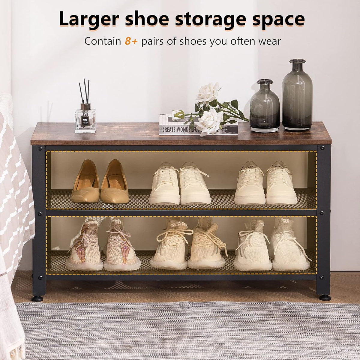 Apicizon Shoe Rack, 35.5 Inches 3-Tier Shoe Rack for Entryway with Long Seat and Metal Shelves for Garage, Industrial Storage Bench with Steel Structure for Living Room, Bedroom, Mudroom, Rustic Brown