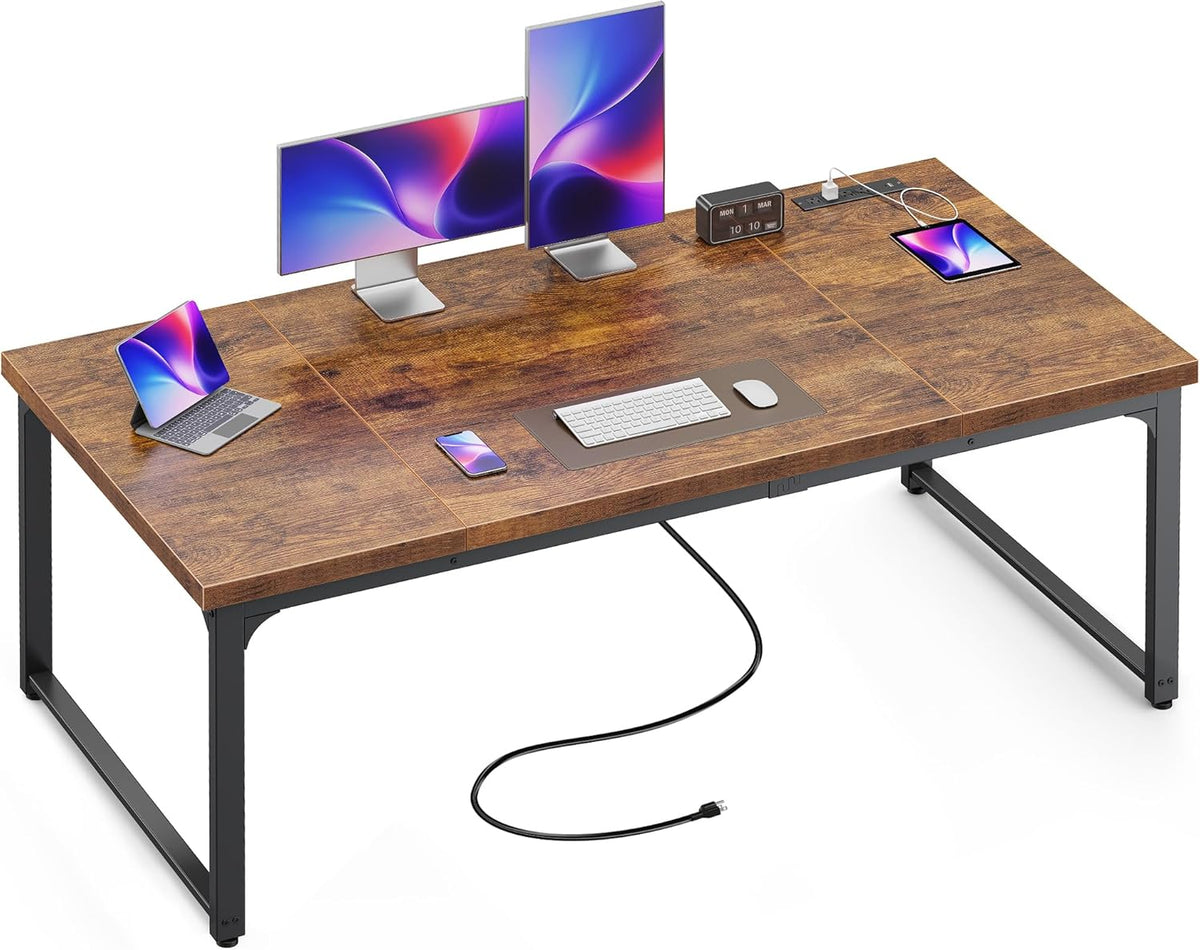 Huuger 63 x 31.5 inch Desk with Power Outlets & USB-C, 1.2 Inch Thicker Desktop, Robust Metal Tubes, Deep Computer Desk, Heavy Duty Office Desk, for Home Office, Rustic Brown