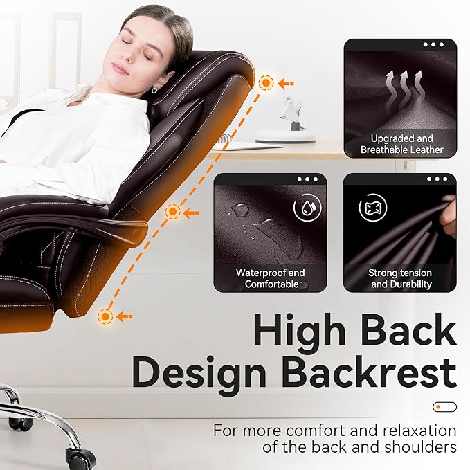 Office Chair, Executive Leather Chair Adjustable High Back, Ergonomic Computer Desk Chair Lumbar Support, Big and Tall Office Chair with Footrest, Comfy Reclining Chair for Home Office