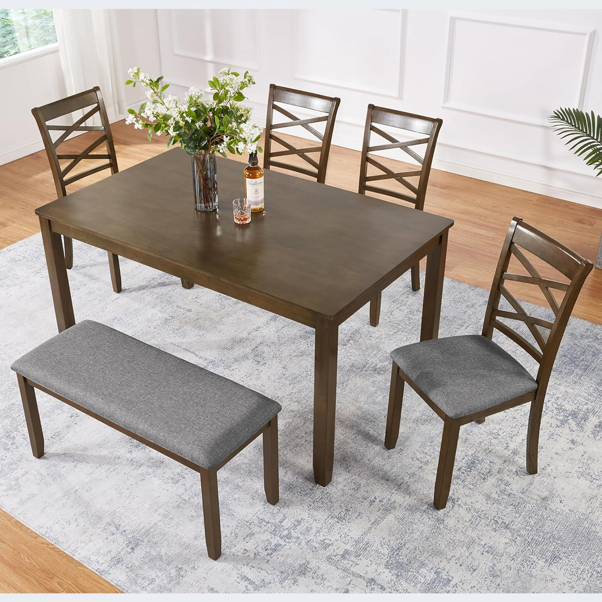 soges 6 Piece Kitchen Dining Set, Rectangular Wooden Dining Table with 4 Upholstered Chairs and a Bench, Morden Dining Table Set for 6 People, Living Room, Home Bar and Kitchen, Walnut