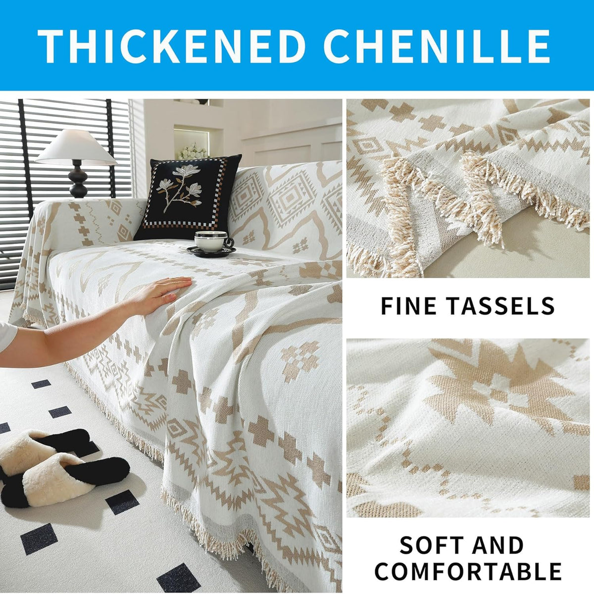LUFEIJIASHI Boho Couch Covers for Sofa Non Slip Sofa Covers Washable Couch Covers for 3 Cushion Couch Sofa Pet Friendly Sectional Couch Cover Blanket Furniture Protector for Dogs (Khaki, 91"x134")