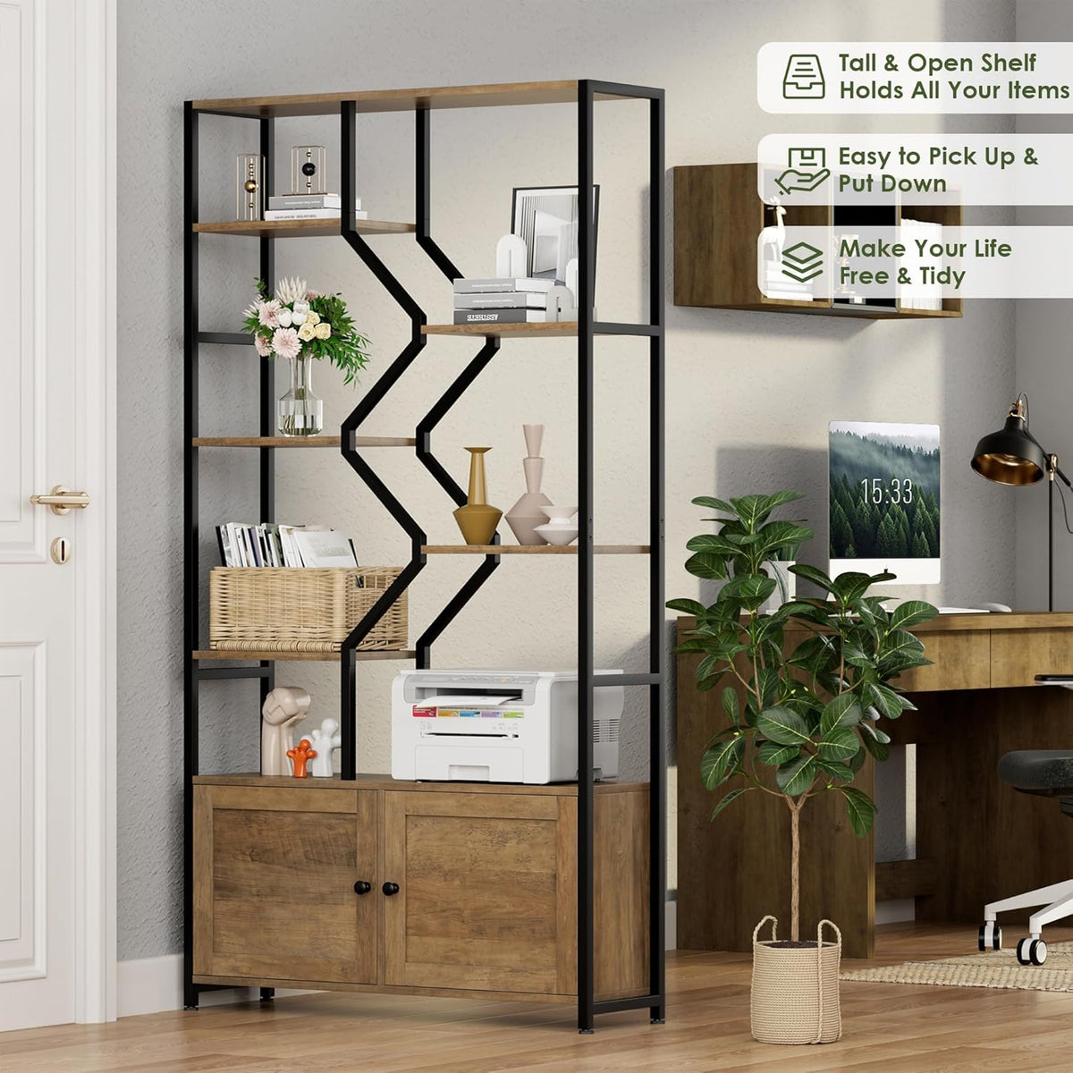 76" Tall Shelf with Storage Cabinet Doors, 6 Tier Open Bookshelf for Multi-use Display, Staggered Book Shelf Etagere Bookcase for Home Office/Living Room, Deep Metal & Wood Accent Shelf, Rustic Brown