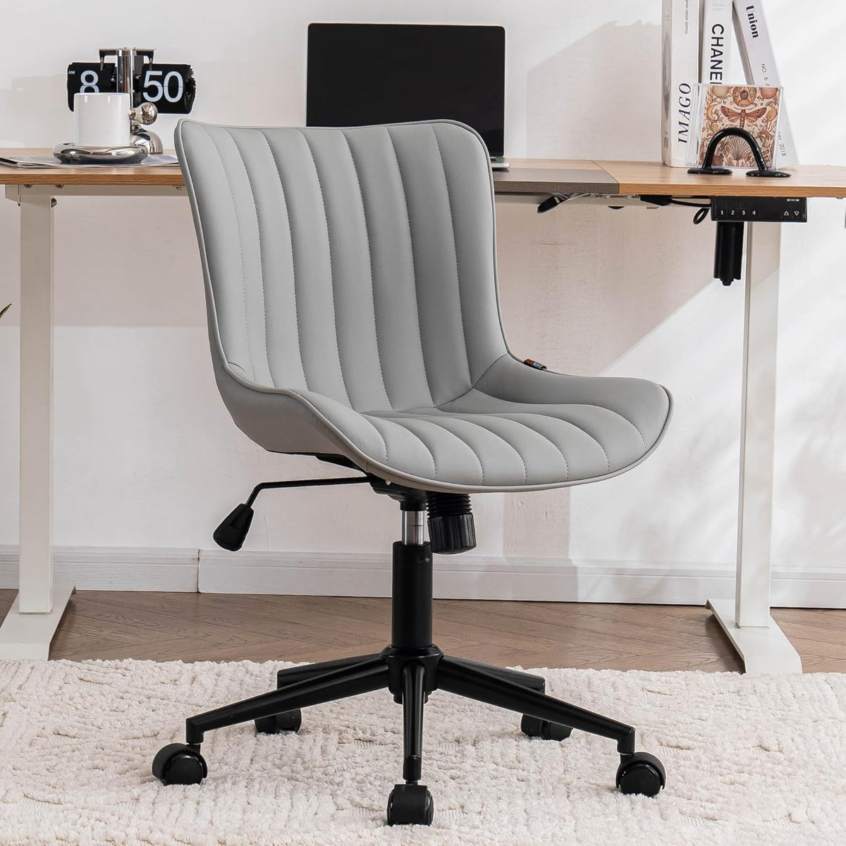 YOUNIKE Grey Home Office Desk Chair with Wheels Ergonomic Comfy Armless Vanity Chair with Back Modern Leather Upholstered Rolling Task Chair Small Cute Computer Drafting Sewing Chair Swivel Adjustable