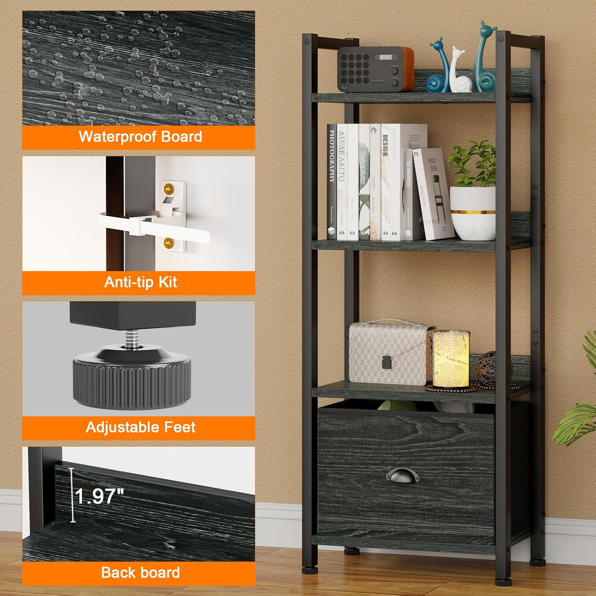 Furologee 4 Tier Bookshelf with Drawer, Small Narrow Bookcase, Wood and Metal Standing Shelf Unit, Industrial Display Storage Shelves Organizer for Bedroom, Living Room, Entryway, Black