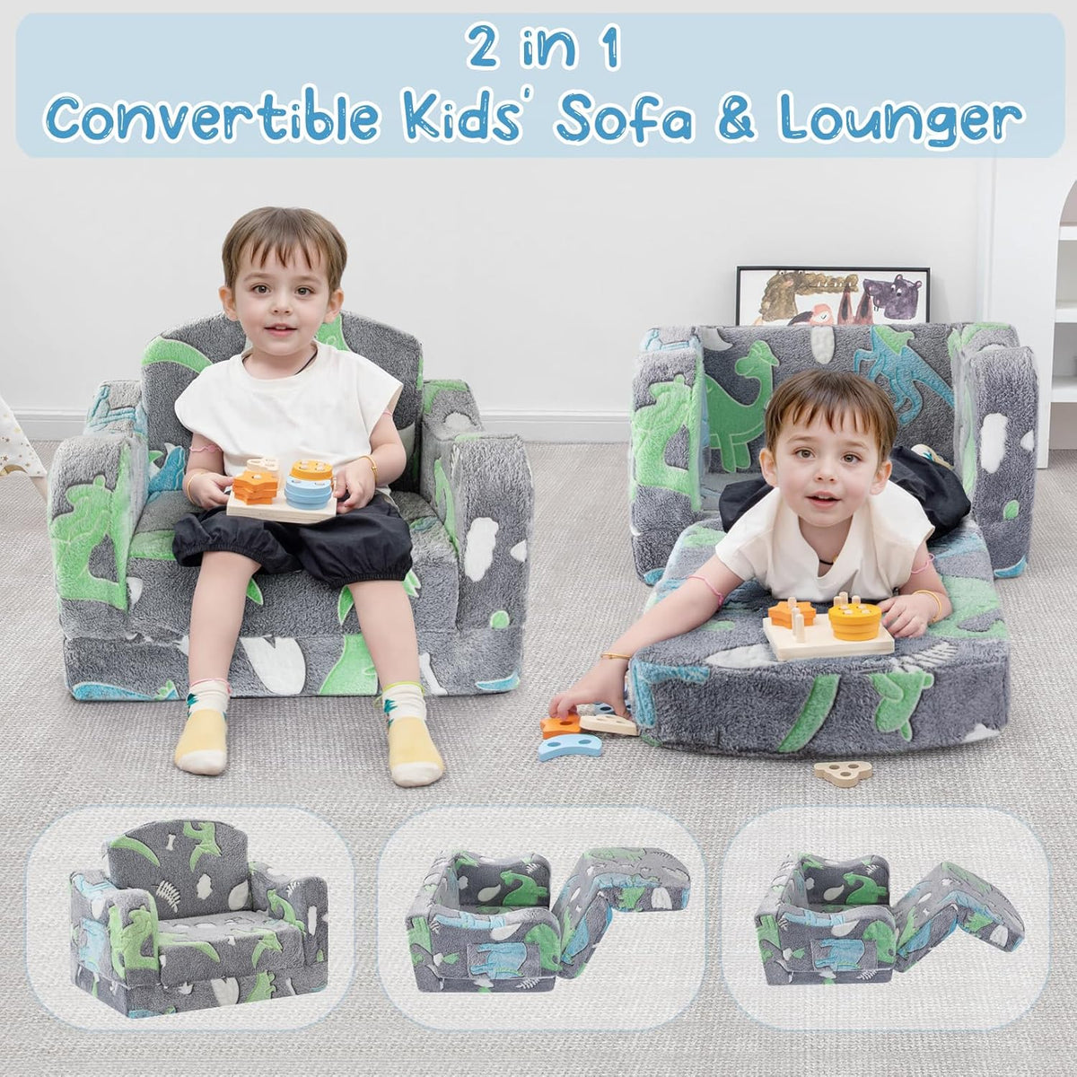Comfy Toddler Chair and Couch for Kids with Blanket,2-in-1 Soft Plush Fold Out Toddler Couch for Girls and Boys,Convertible Sofa to Lounger for Playroom,Gray Dinosaur