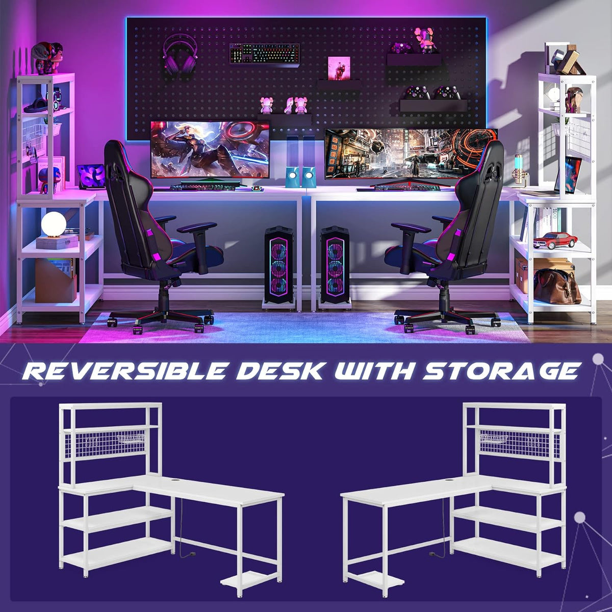 Tribesigns 55" Large Computer Desk with Wireless Charging 5 Storage Shelves, Office Desk Study Table Writing Desk Workstation with Hutch Bookshelf for Home Office (All White)