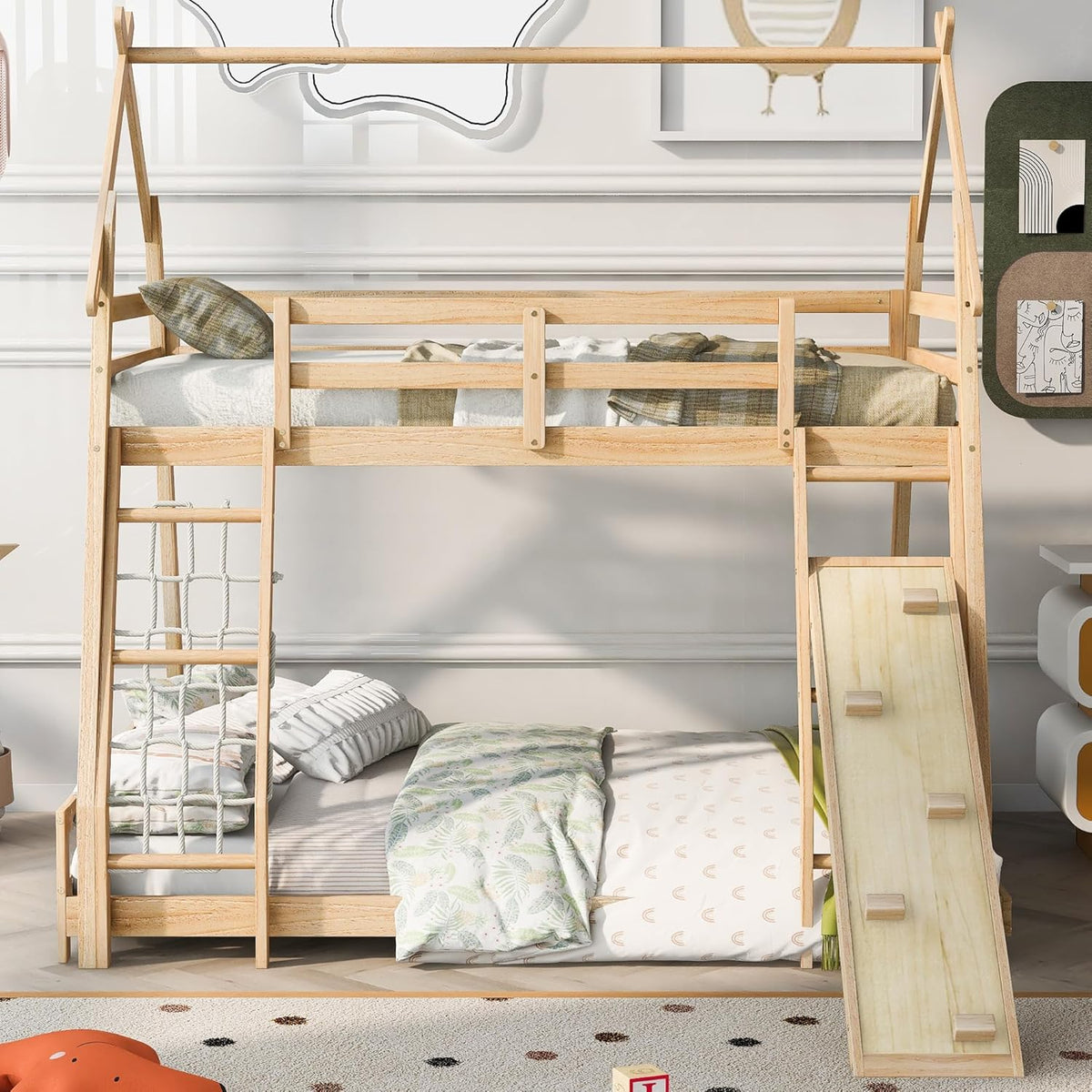 Twin Over Queen House Bunk Bed with Climbing Nets and Climbing Ramp for Kids Teens Boys Girls,Solid Wood Bunk Bed Frame with Safety Guardrails,Playful Design,Natural