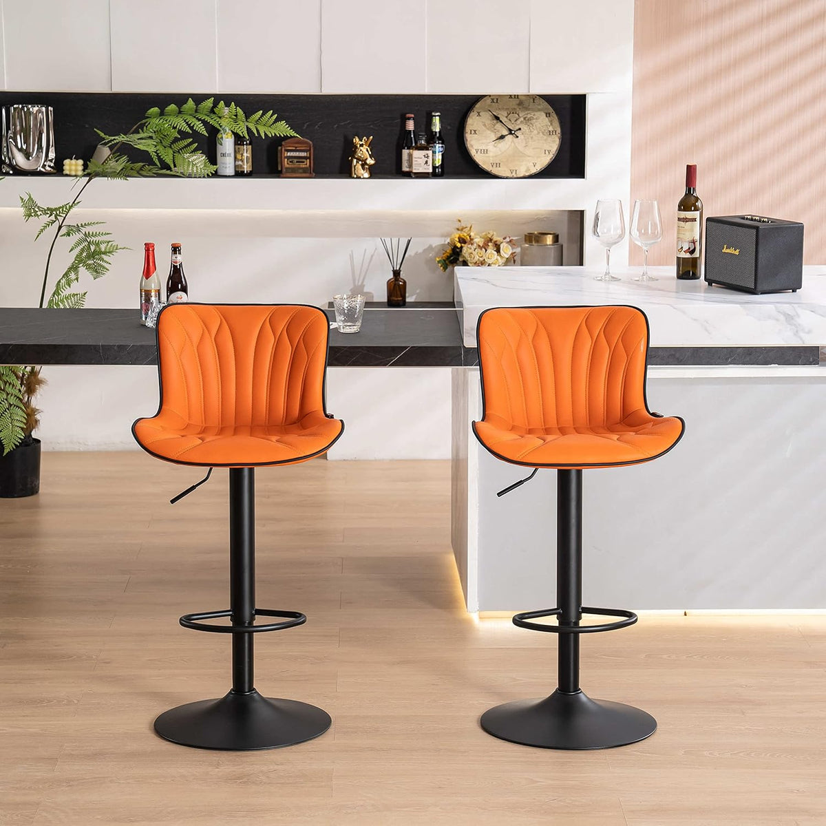 YOUNIKE Orange Bar Stools Set of 2 Faux Leather Upholstered Counter Height Barstools Swivel Modern Kitchen Bar Chairs with High Backs Adjustable Tall sillas para barra de cocina for Breakfast Island