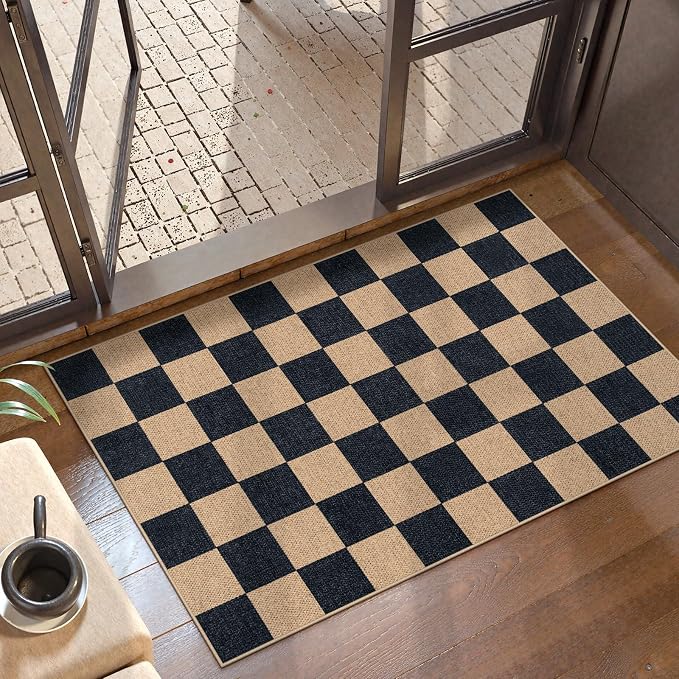 Lahome Colette Checkered Easy Jute 2x3 Rug, Small Entryway Rug Non Slip Kitchen