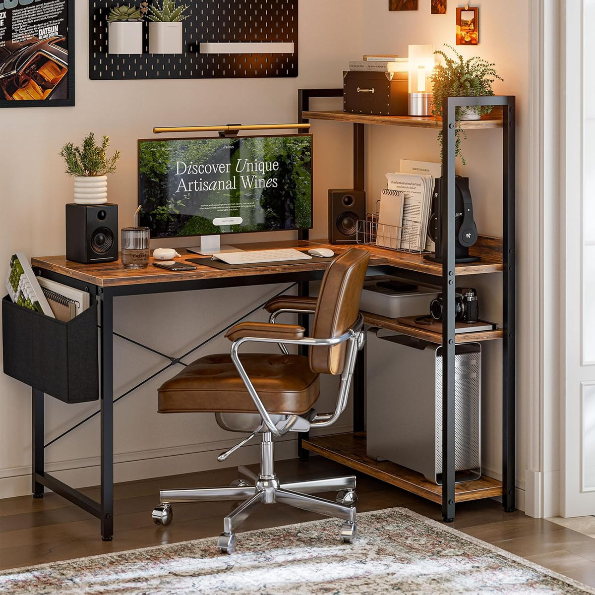 40 Inch L Shaped Computer Desk with Reversible Storage Shelves, Home Office Corner Desk Study Writing Table with Hutch, Study, Rustic Brown