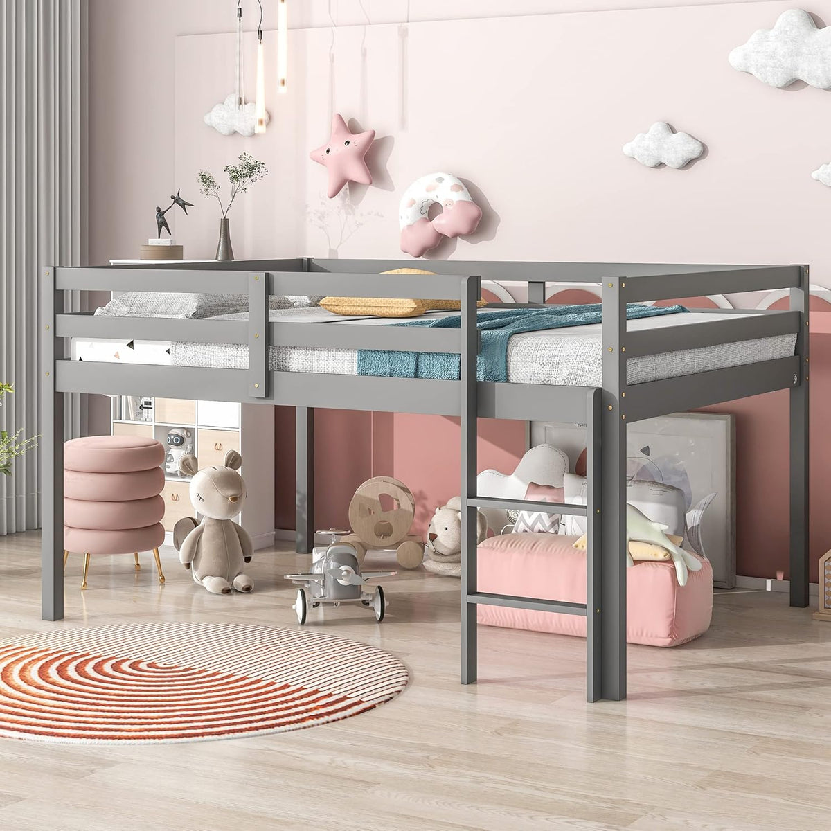 HomSof Full Loft Bed with Guard Rail & Ladder,No Box Spring Needed,Easy Assembly,Grey