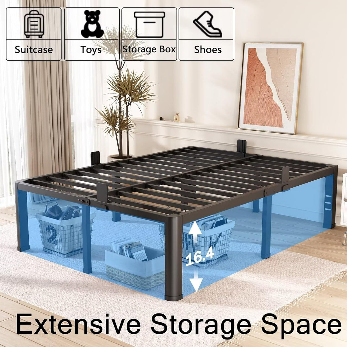 FUIOBYVV 18 Inch King Bed Frame with Rounded Corner and Headboard Hole Mattress Retainers 3500 LBS Metal Heavy Duty Steel Slats Support No Box Spring Needed Platform Noise Free Easy Assembly