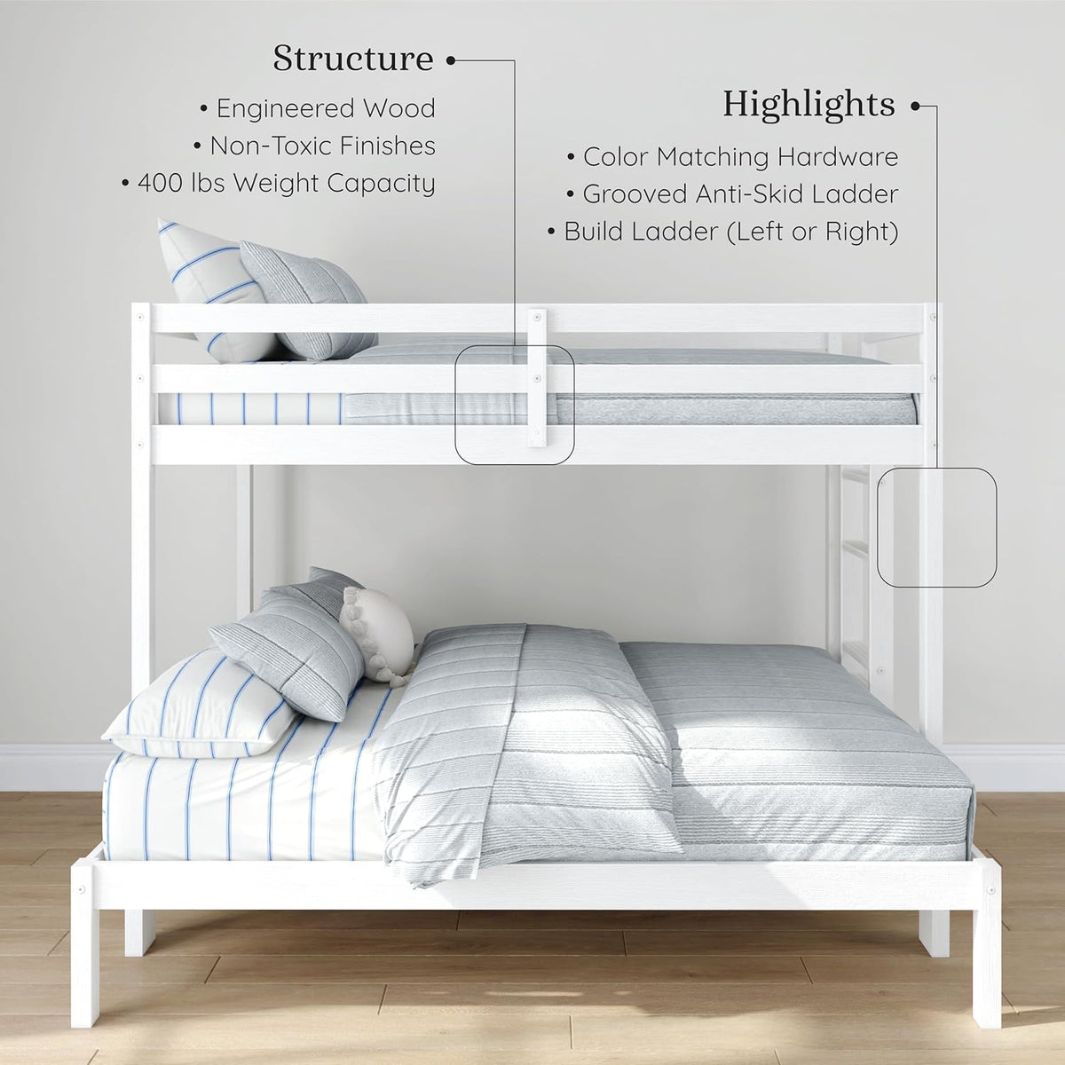 Grain & Grove Bear Twin Over Full Bunk Bed, Sturdy Bunk Bed Frame for Kids, Plywood Bunk with Ladder, Guardrail, and Slats, No Box Spring Required, Brushed White