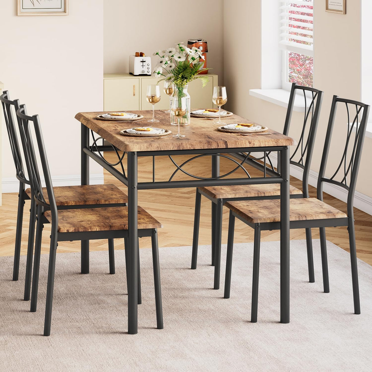 CABIHOME Dining Table Set for 4, Kitchen Table Set with 4 Chairs, Rectangular Dining Table Set for 4, Kitchen Table Set for Apartment, Small Space, Dining Room, Retro Brown