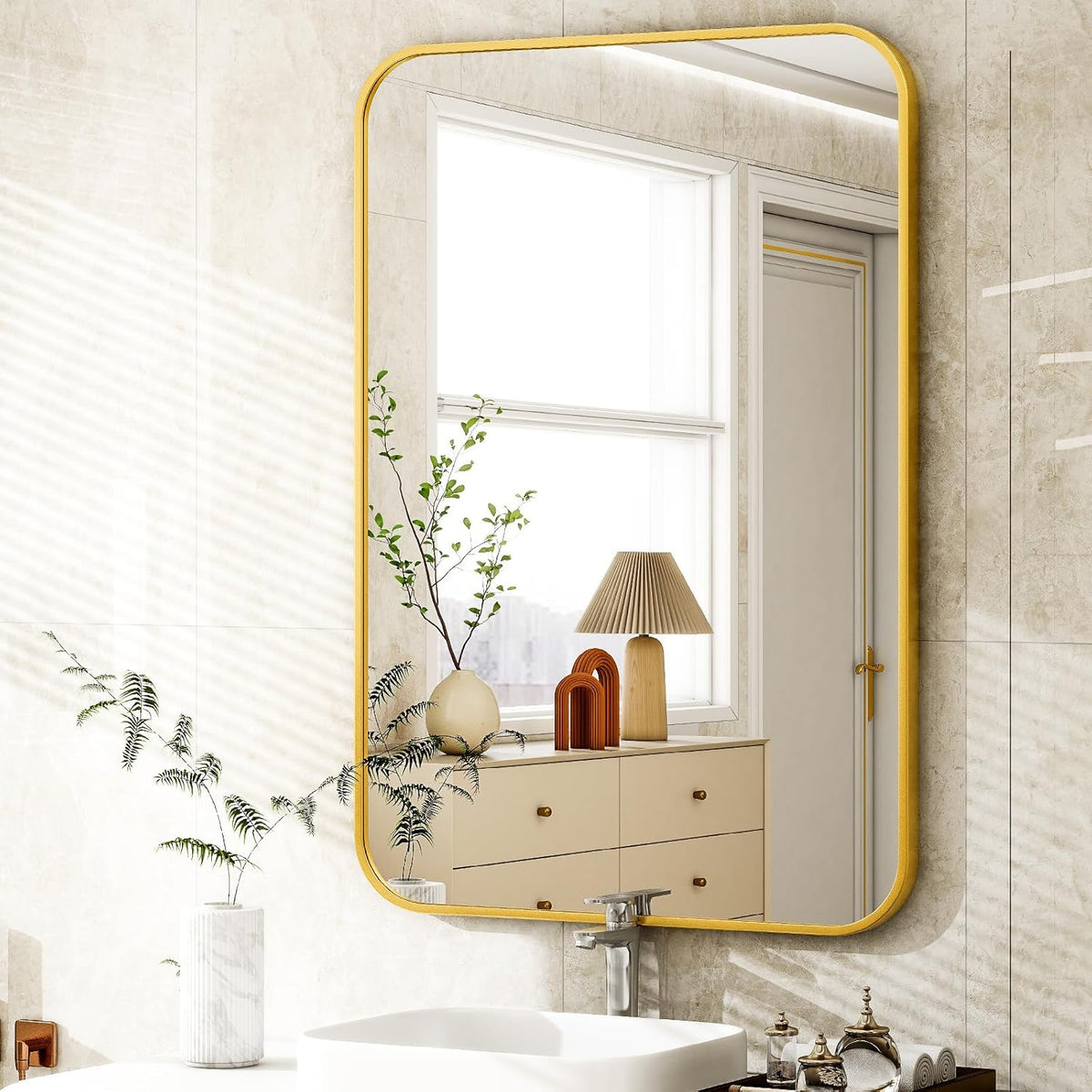26 x 38 Inch Bathroom Mirror, Rounded Rectangular Vanity Mirror for Wall, Modern Mirror for Room Decor, Gold Framed Wall-Mounted Mirrors for Home Decor, Hangs Horizontally or Vertically