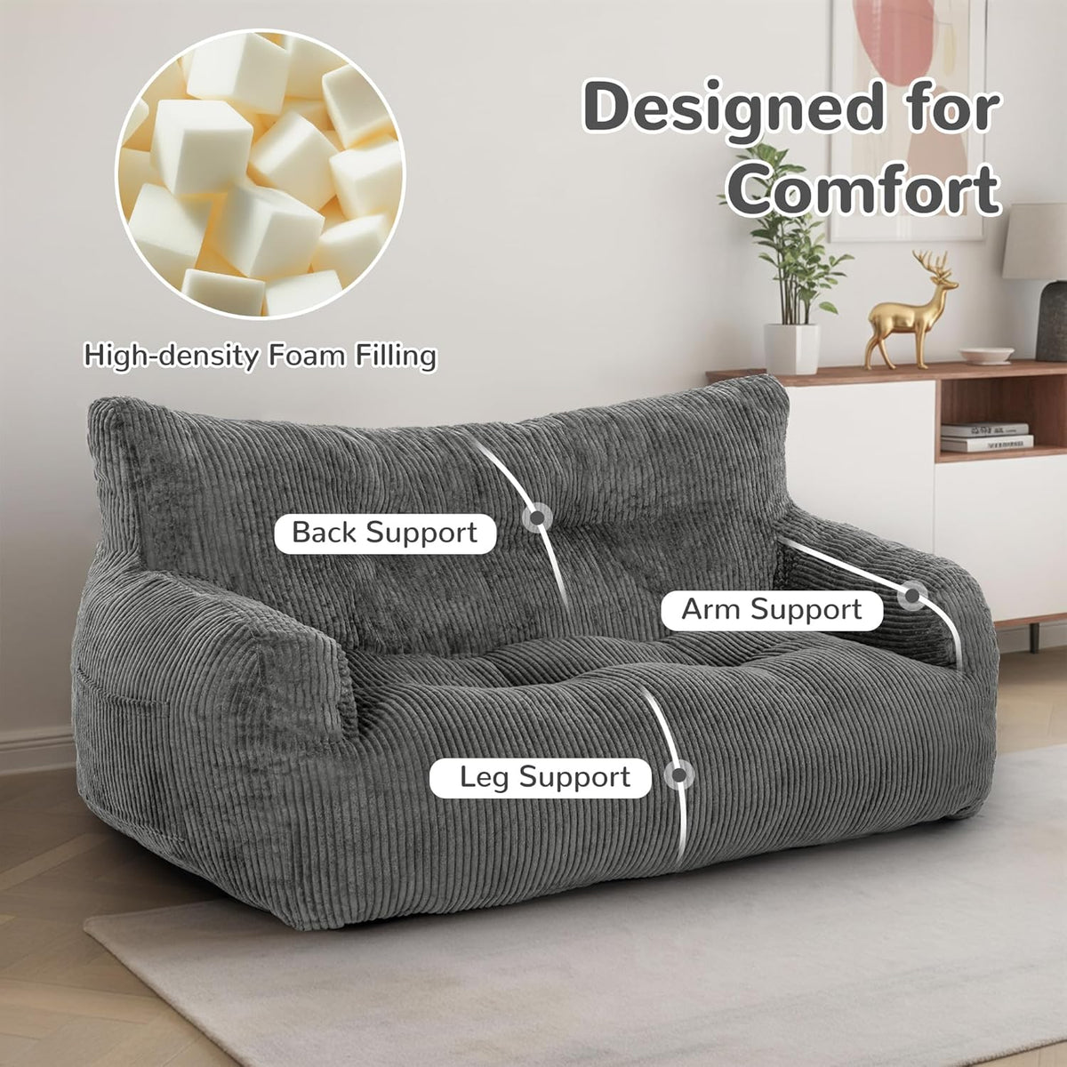 Pamapic Bean Bag Chair,2 Seat Loveseat Sofa,Ultra Soft Dutch Velvet,Fluffy Comfort Washable Cover,Corduroy Lazy Sofa Bed for Adults,Fit Living Room, Bedroom,Outdoor Spaces,Dark Grey