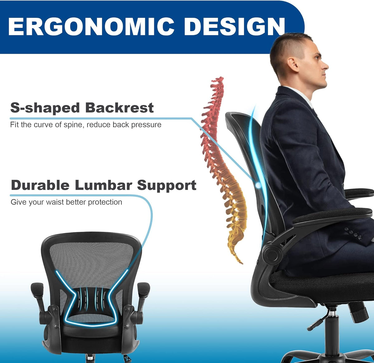Mesh Office Chair, Ergonomic Home Office Desk Chairs with Flip-up Arms and Lumbar Support, Height Adjustable, Black